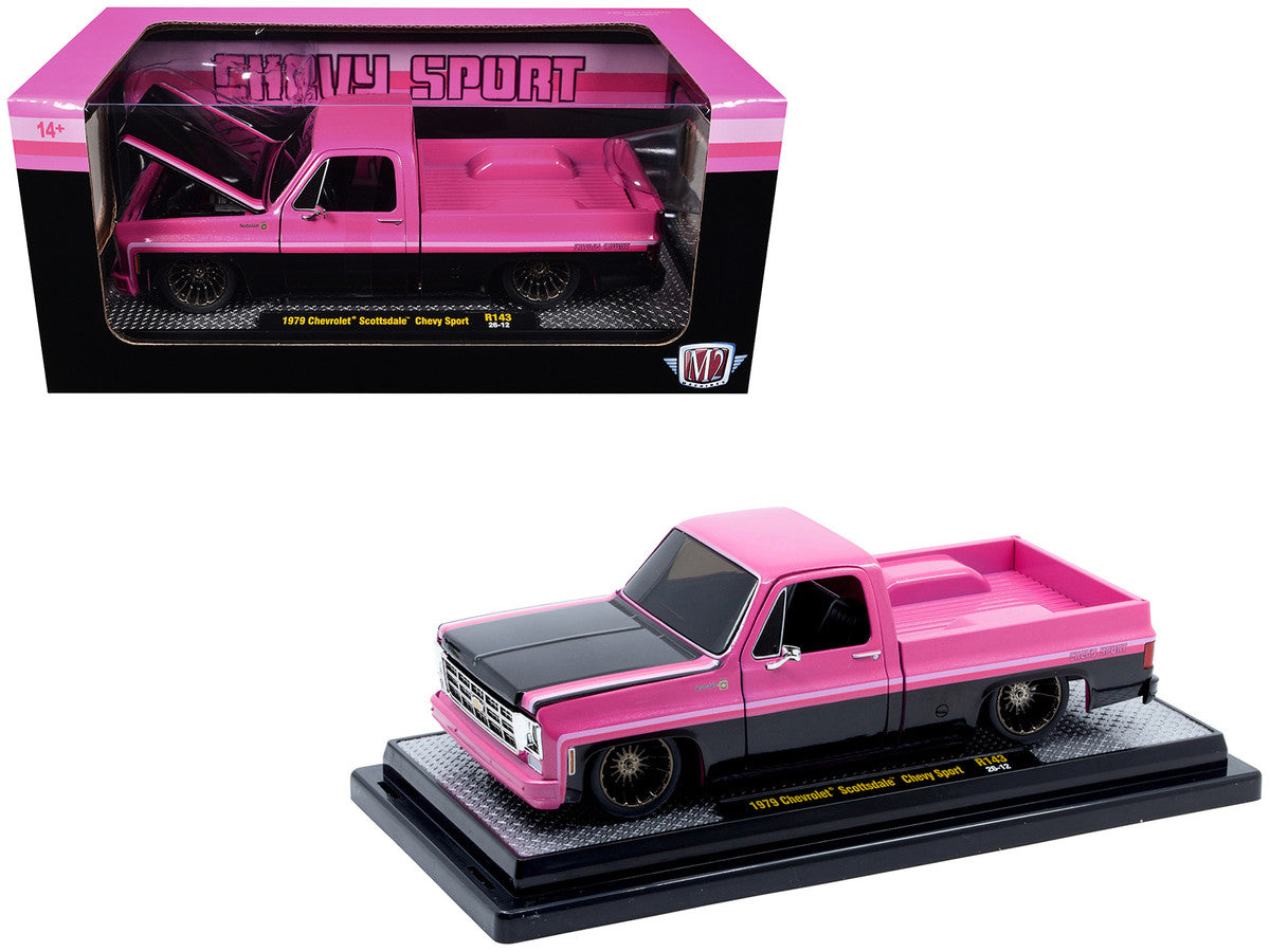 1979 Chevrolet Scottsdale Pickup Truck "Chevy Sport" Pink and Black Limited Edition to 6250 pieces Worldwide 1/24 Diecast Model Car by M2 Machines M2