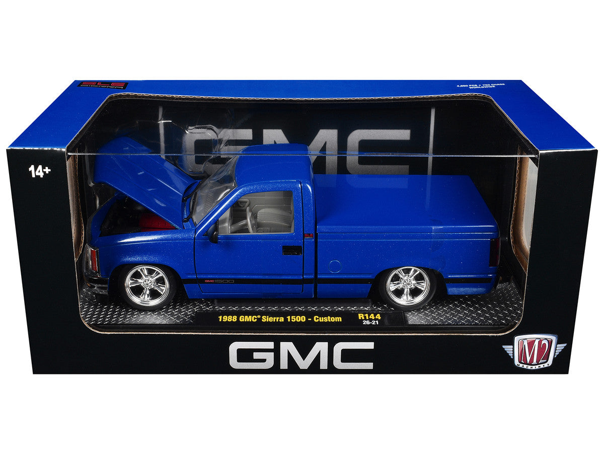 1988 GMC Sierra 1500 Custom Pickup Truck Blue Metallic with Black Stripes Limited Edition to 4850 pieces Worldwide 1/24 Diecast Model Car by M2 Machines M2