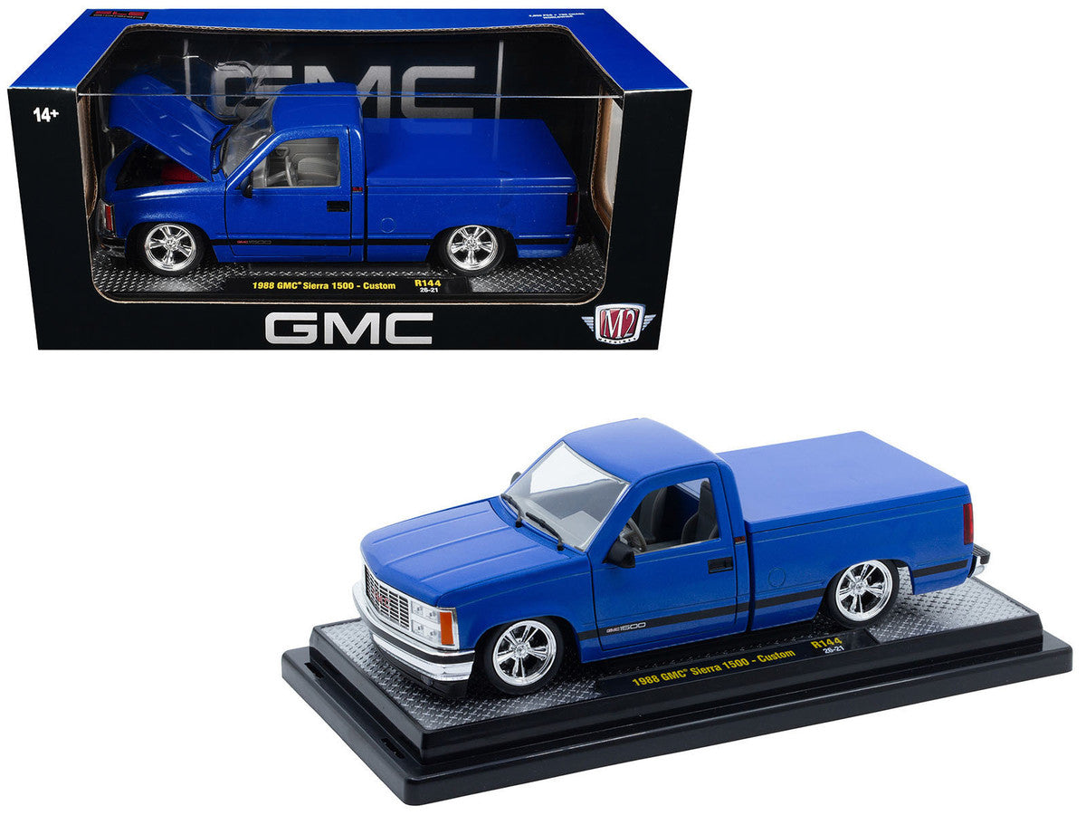 1988 GMC Sierra 1500 Custom Pickup Truck Blue Metallic with Black Stripes Limited Edition to 4850 pieces Worldwide 1/24 Diecast Model Car by M2 Machines M2