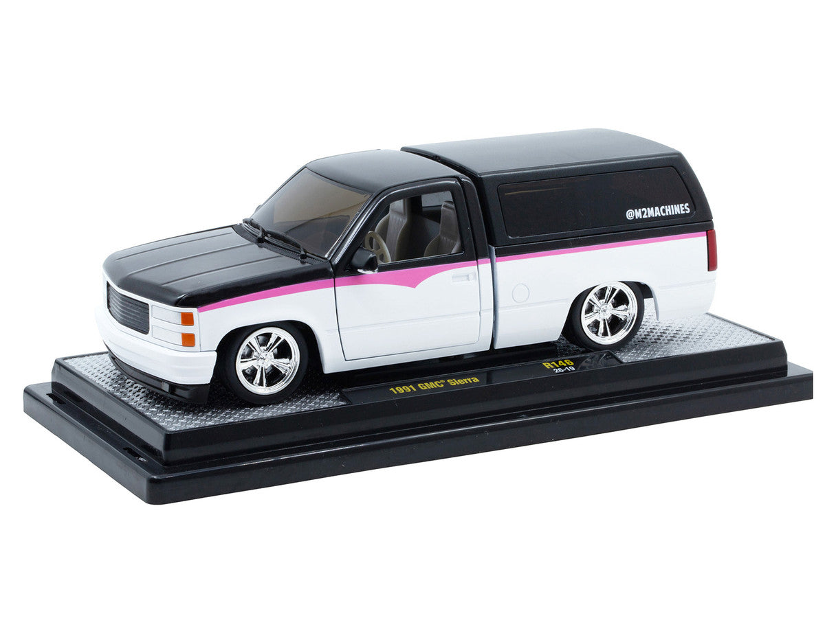 1991 GMC Sierra Pickup Truck with Camper Shell Black and White with Pink Stripes Limited Edition to 4850 pieces Worldwide 1/24 Diecast Model Car by M2 Machines M2