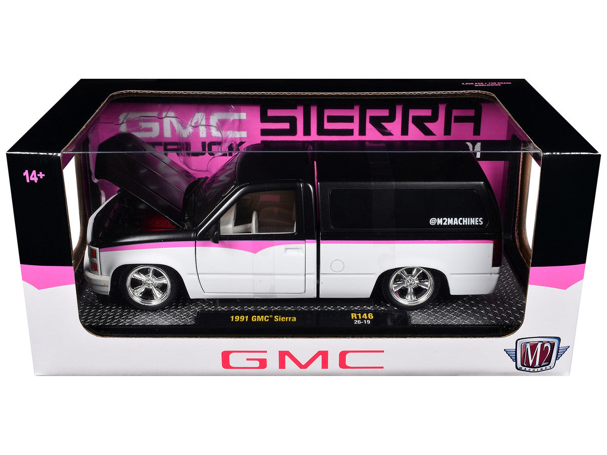 1991 GMC Sierra Pickup Truck with Camper Shell Black and White with Pink Stripes Limited Edition to 4850 pieces Worldwide 1/24 Diecast Model Car by M2 Machines M2