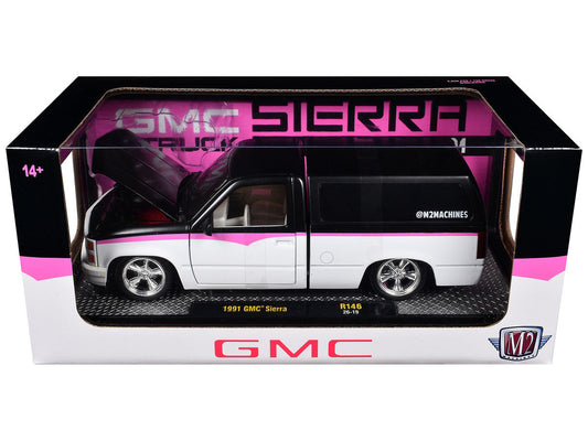 1991 GMC Sierra Pickup Truck with Camper Shell Black and White with Pink Stripes Limited Edition to 4850 pieces Worldwide 1/24 Diecast Model Car by M2 Machines M2
