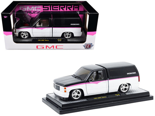 1991 GMC Sierra Pickup Truck with Camper Shell Black and White with Pink Stripes Limited Edition to 4850 pieces Worldwide 1/24 Diecast Model Car by M2 Machines M2