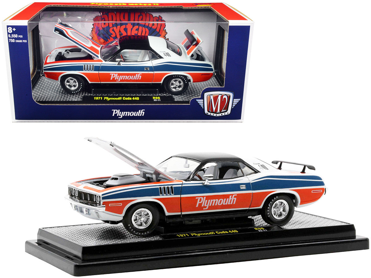 1971 Plymouth Barracuda 440 Pearl White with Blue and Red Stripes and Black Top Limited Edition to 6550 pieces Worldwide 1/24 Diecast Model Car by M2 Machines M2