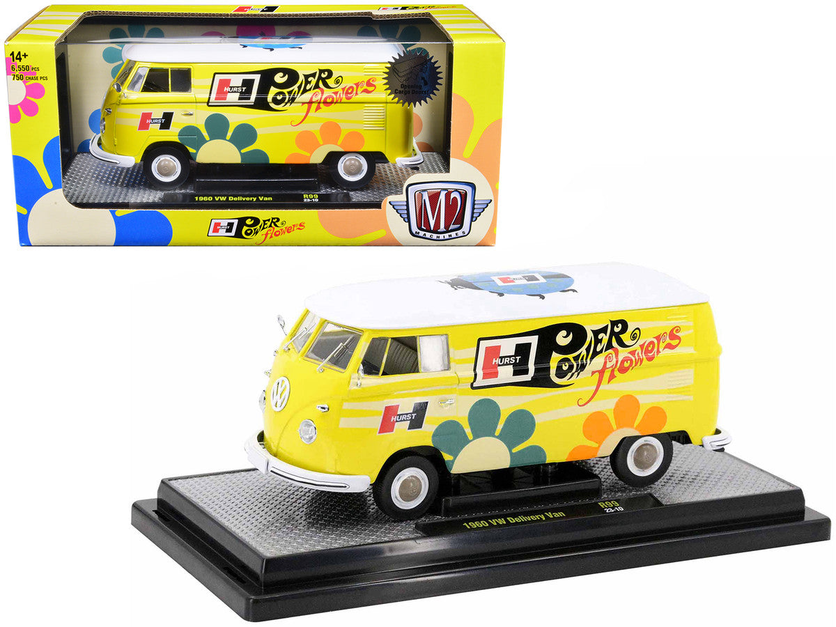 1960 Volkswagen Delivery Van Yellow with Bright White Top and Flower Graphics "Hurst Power Flowers" Limited Edition to 6550 pieces Worldwide 1/24 Diecast Model Car by M2 Machines M2