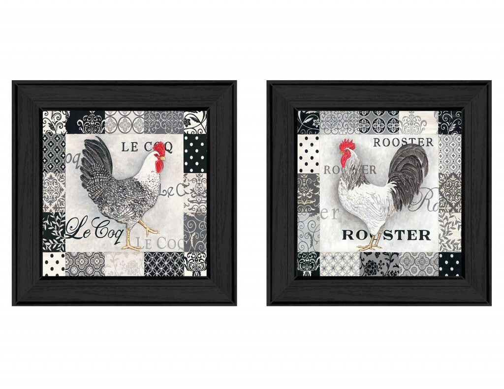 Set Of Two Rooster I Black Framed Print Wall Art W2B