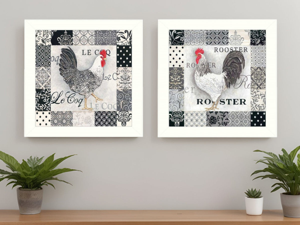 Set Of Two Black And White Rooster White Framed Print Wall Art W2B