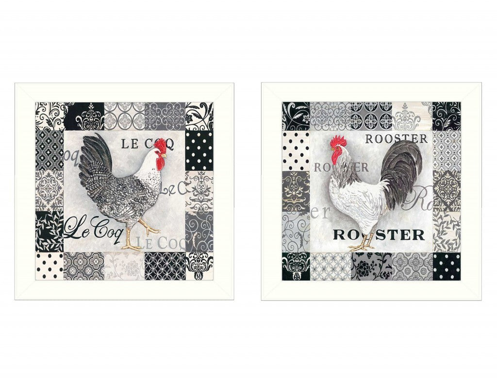 Set Of Two Black And White Rooster White Framed Print Wall Art W2B