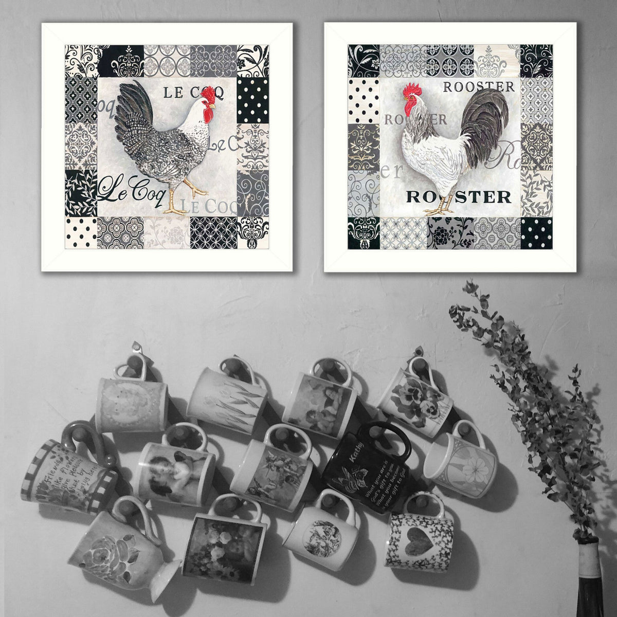 Set Of Two Black And White Rooster White Framed Print Wall Art W2B