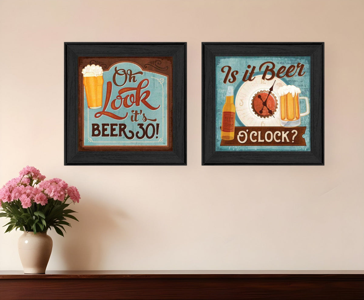 Set Of Two Beer Oclock Black Framed Print Wall Art W2B