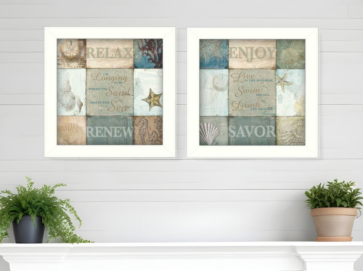 Set Of Two Sunshine Sand and Sea White Framed Print Wall Art W2B