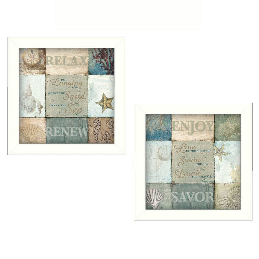 Set Of Two Sunshine Sand and Sea White Framed Print Wall Art W2B