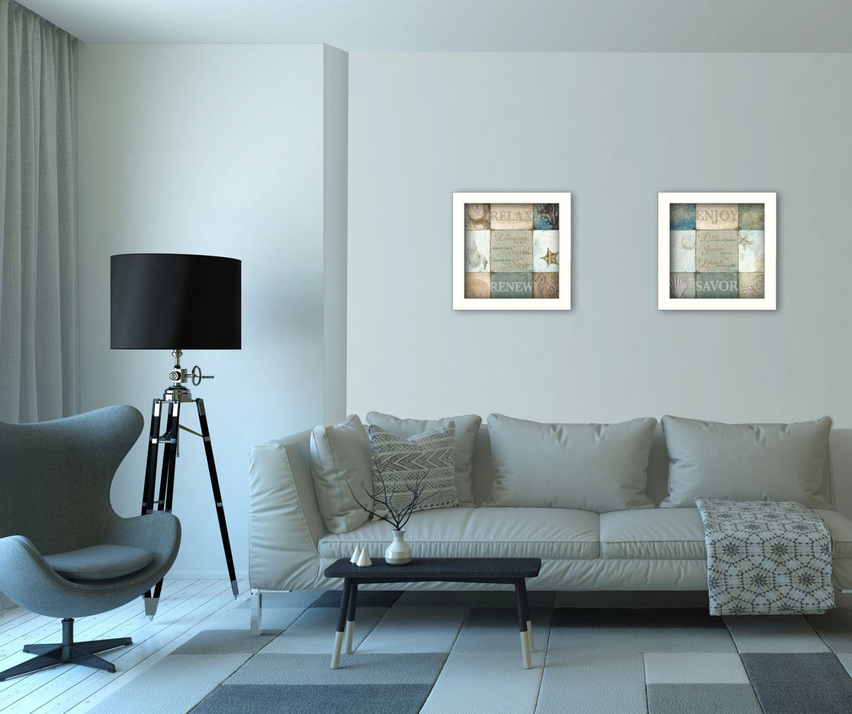 Set Of Two Sunshine Sand and Sea White Framed Print Wall Art W2B