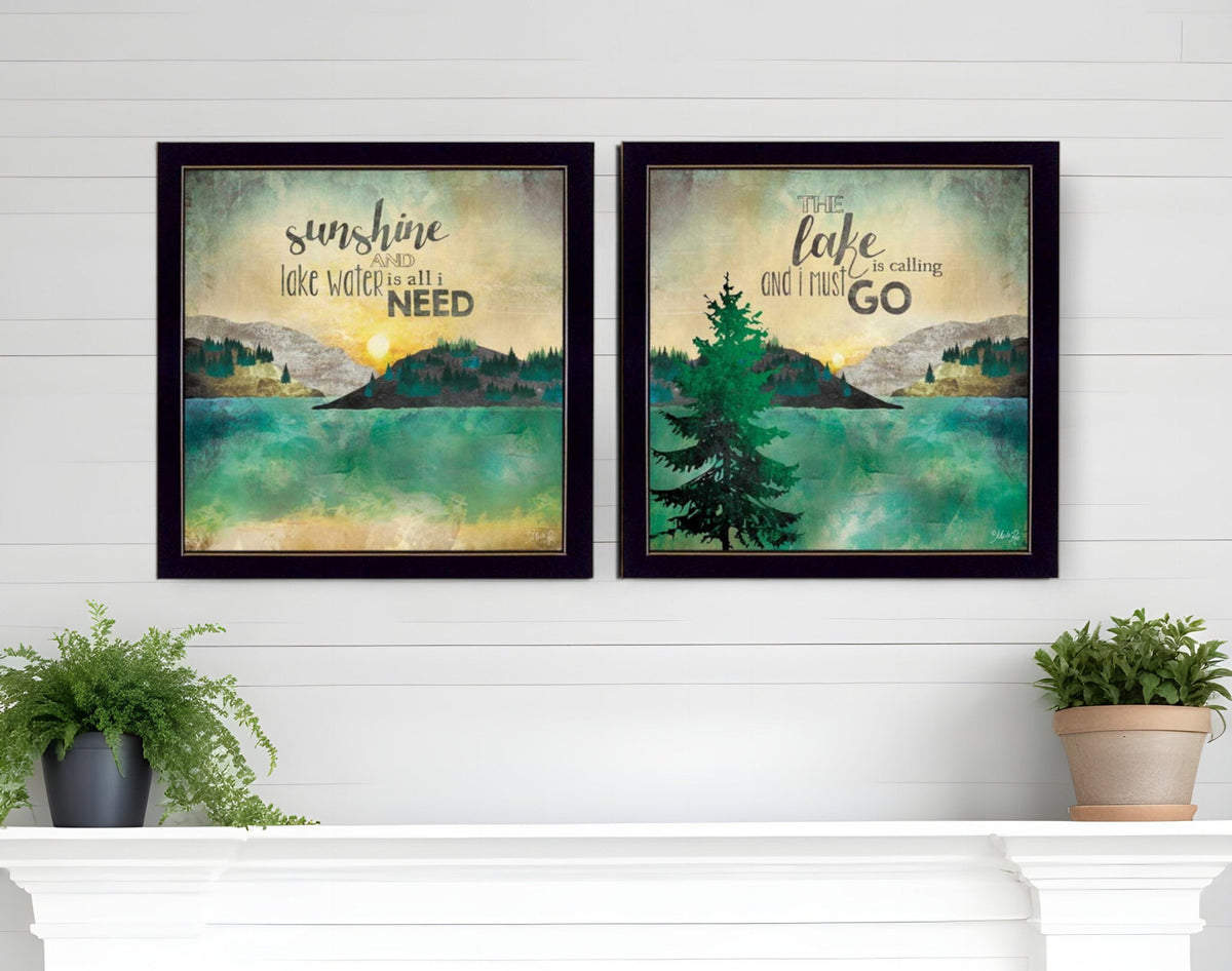 Set Of Two The Lake is Calling Black Framed Print Wall Art W2B