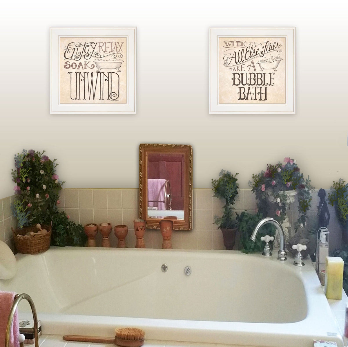 Set Of Two Soak and Unwind 2 White Framed Print Bathroom Wall Art W2B