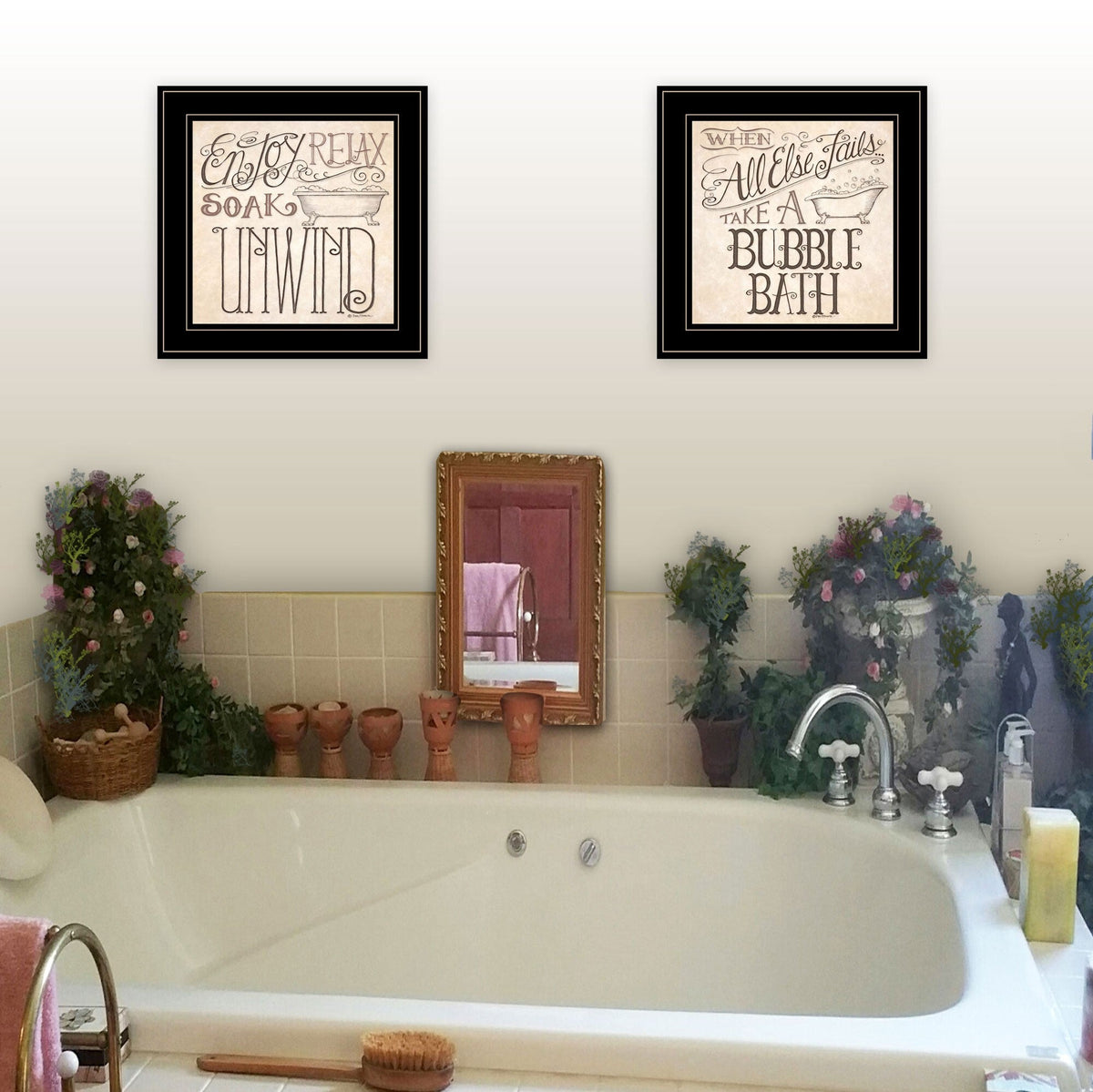 Set Of Two Soak and Unwind 3 Black Framed Print Bathroom Wall Art W2B