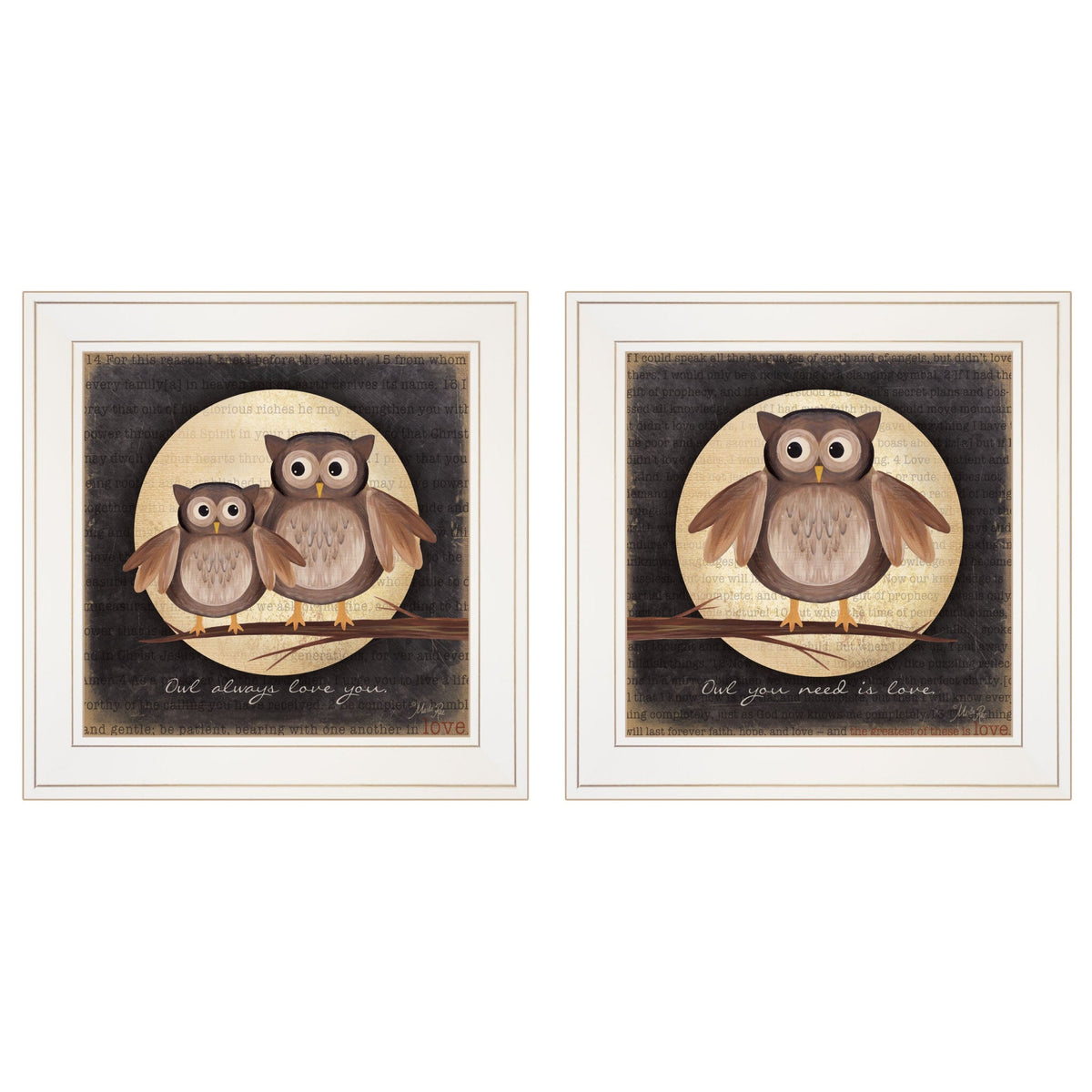 Set Of Two Owl Always Love and Need You 1 White Framed Print Wall Art W2B
