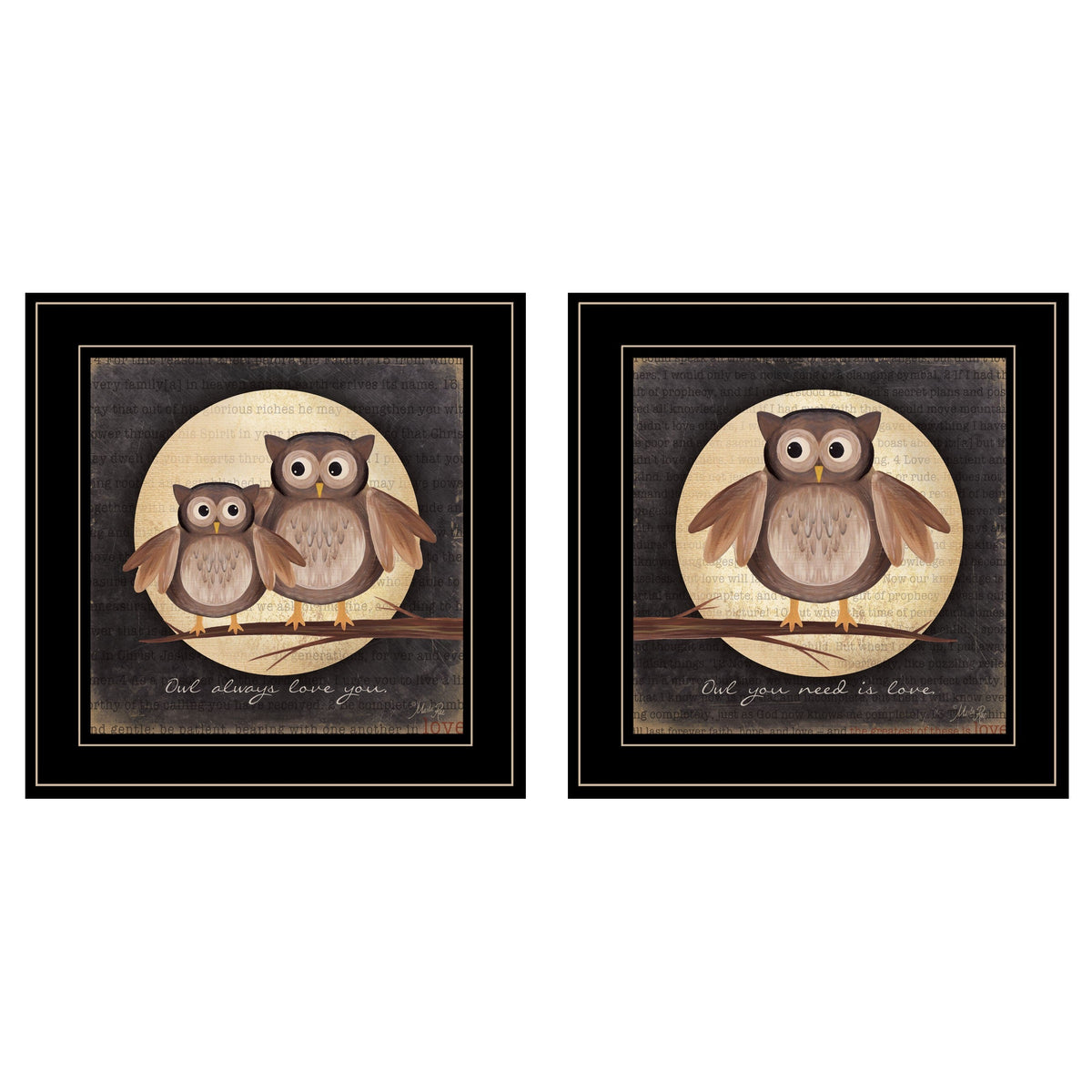 Set Of Two Owl Always Love and Need You 2 Black Framed Print Wall Art W2B