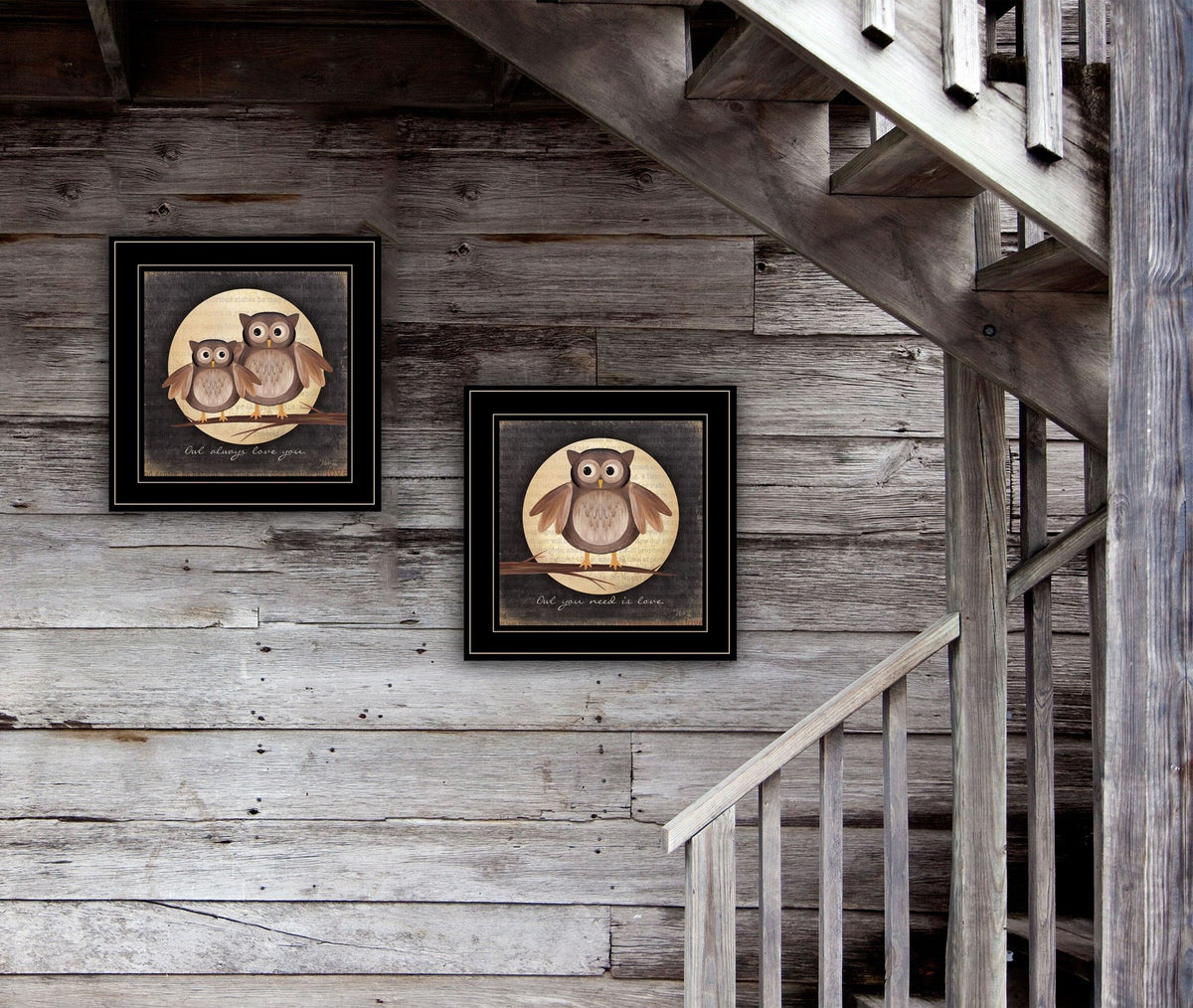 Set Of Two Owl Always Love and Need You 2 Black Framed Print Wall Art W2B