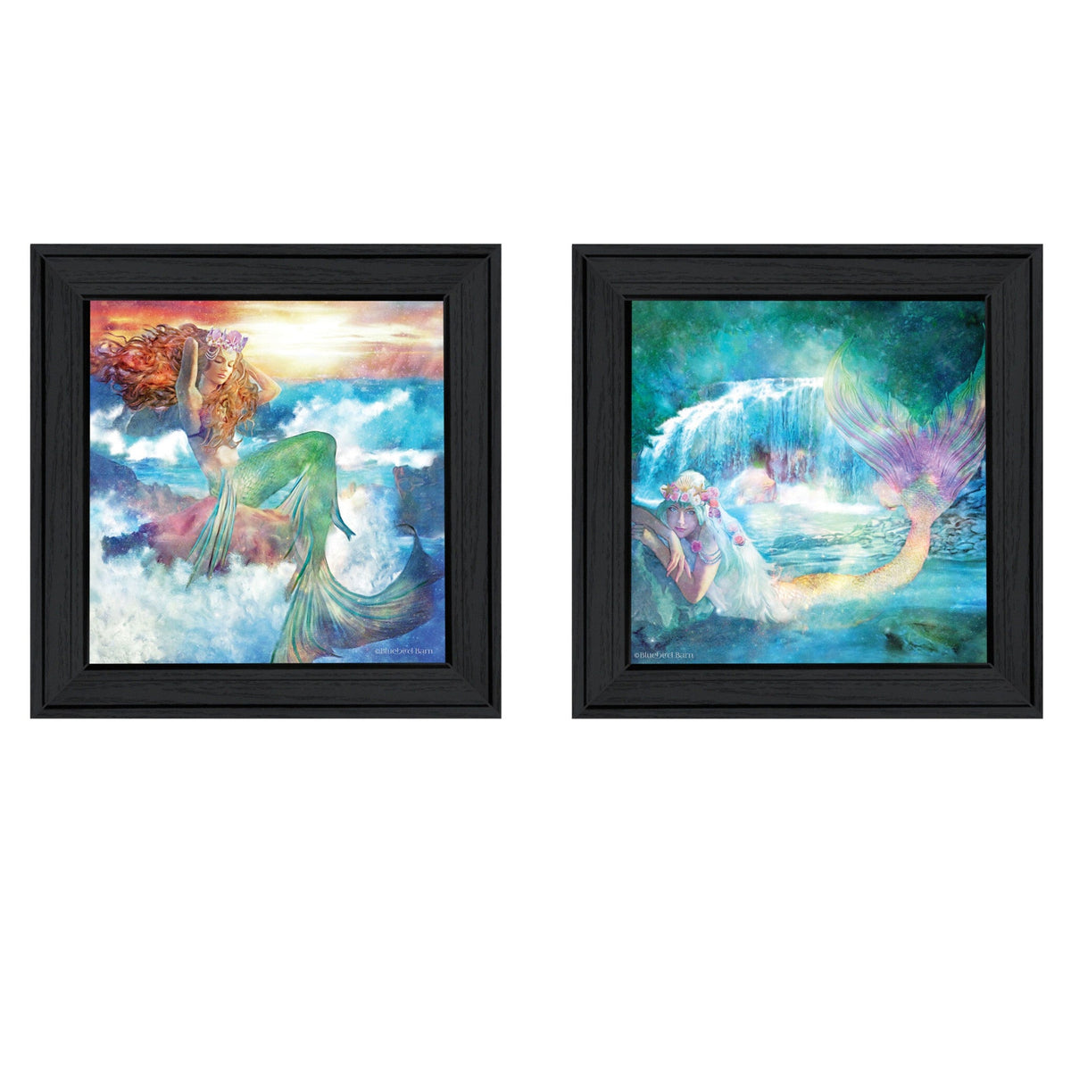 Set Of Two Mermaids 2 Black Framed Print Wall Art W2B