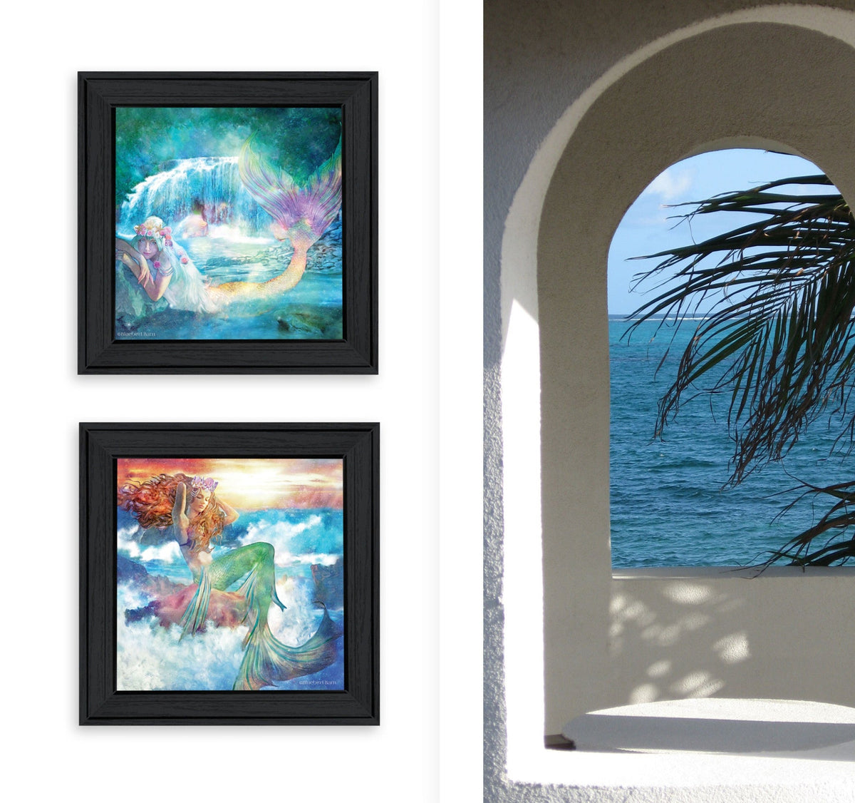 Set Of Two Mermaids 2 Black Framed Print Wall Art W2B