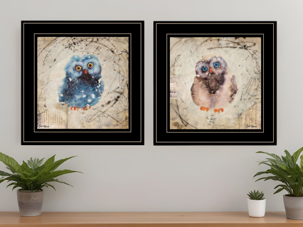 Set Of Two Wonder Years Owls Black Framed Print Wall Art W2B