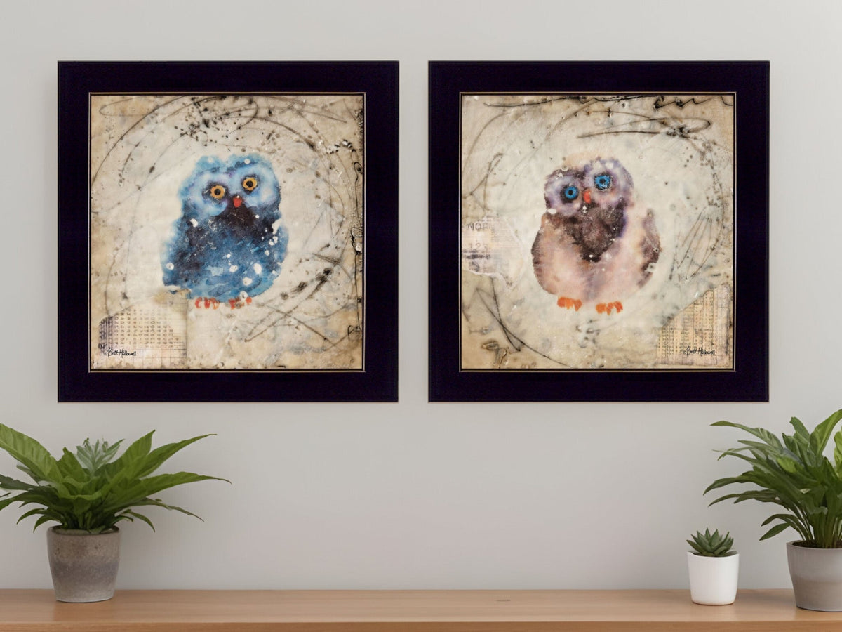 Set Of Two Wonder Years Owls Black Framed Print Wall Art W2B