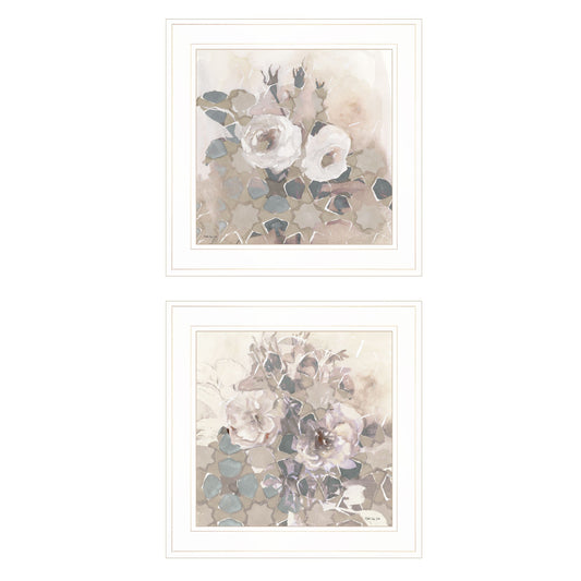 Set Of Two Transitional Blooms 1 White Framed Print Wall Art W2B