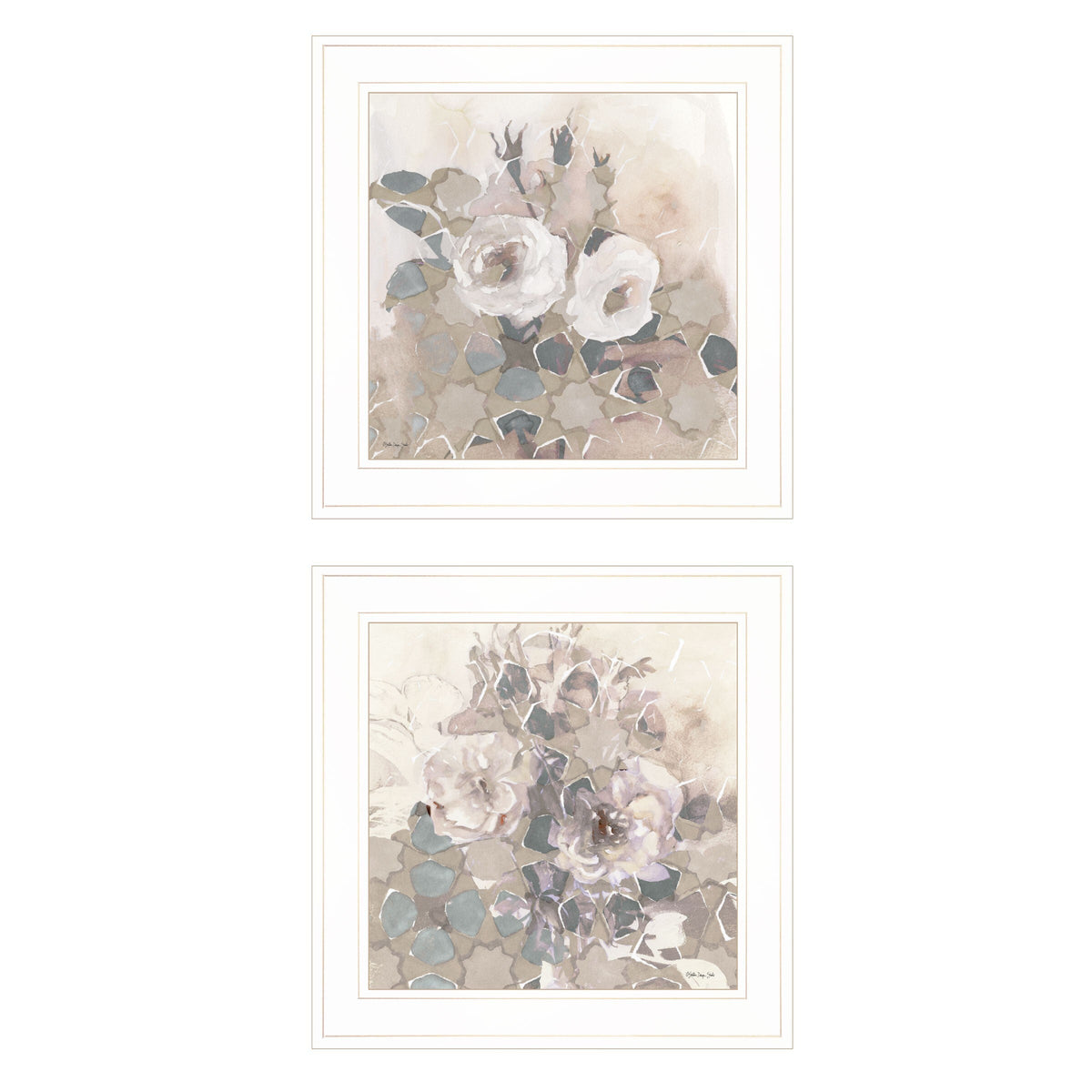 Set Of Two Transitional Blooms 1 White Framed Print Wall Art W2B