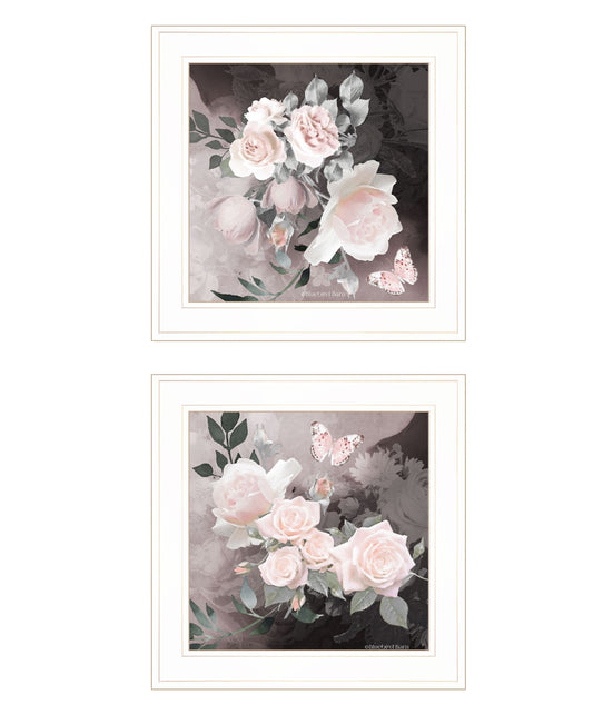 Set Of Two Noir Roses 1 White Framed Print Wall Art W2B