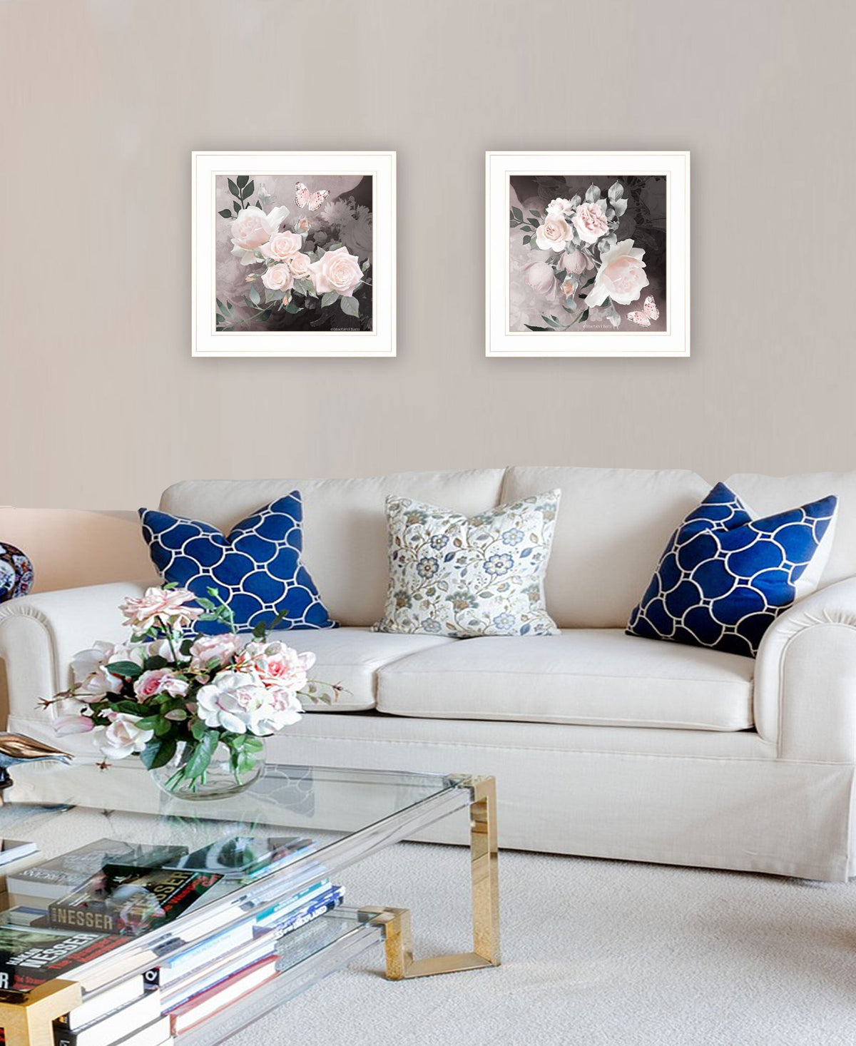 Set Of Two Noir Roses 1 White Framed Print Wall Art W2B
