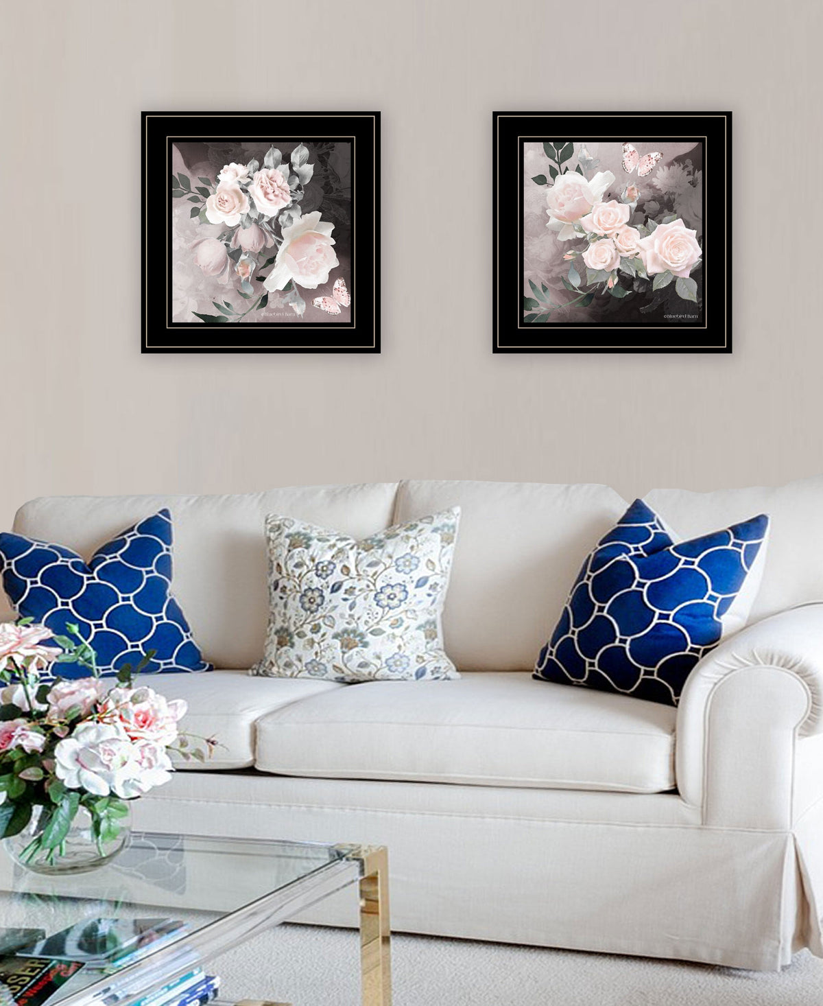 Set Of Two Noir Roses 3 Black Framed Print Wall Art W2B