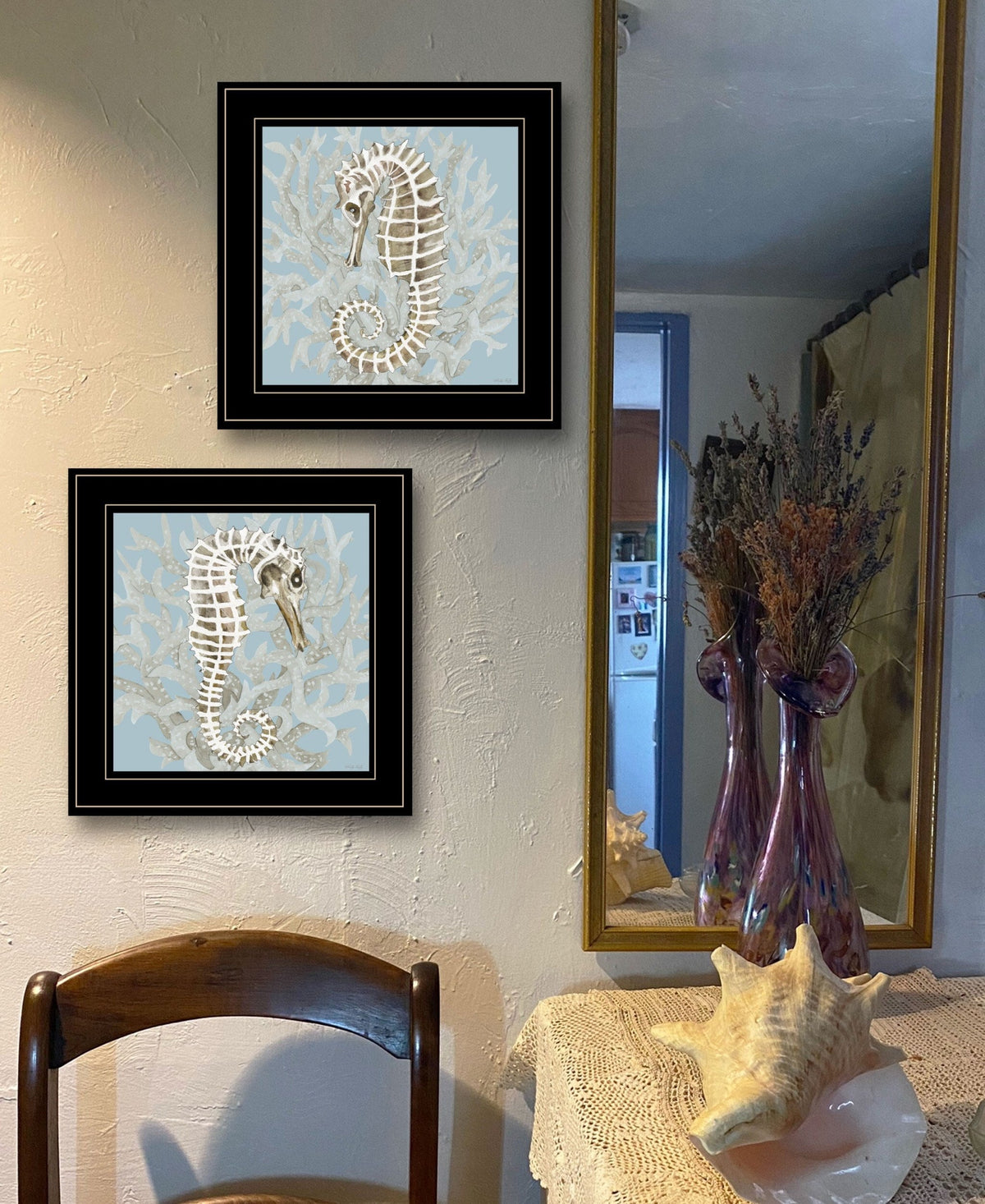 Set Of Two Coral Seahorse 1 Black Framed Print Wall Art W2B