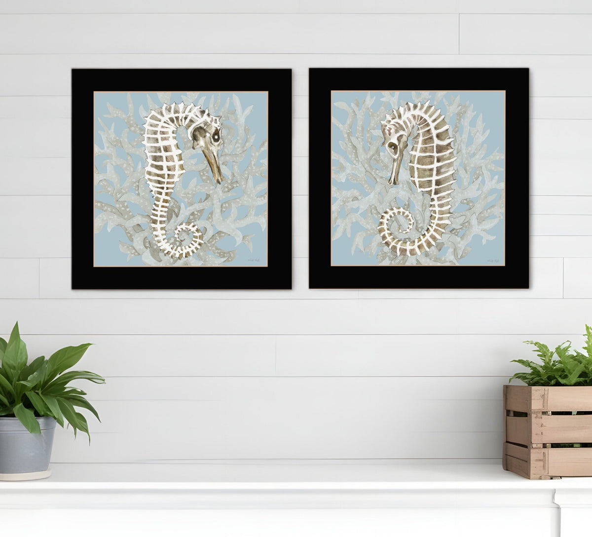 Set Of Two Coral Seahorse Black Framed Print Wall Art W2B