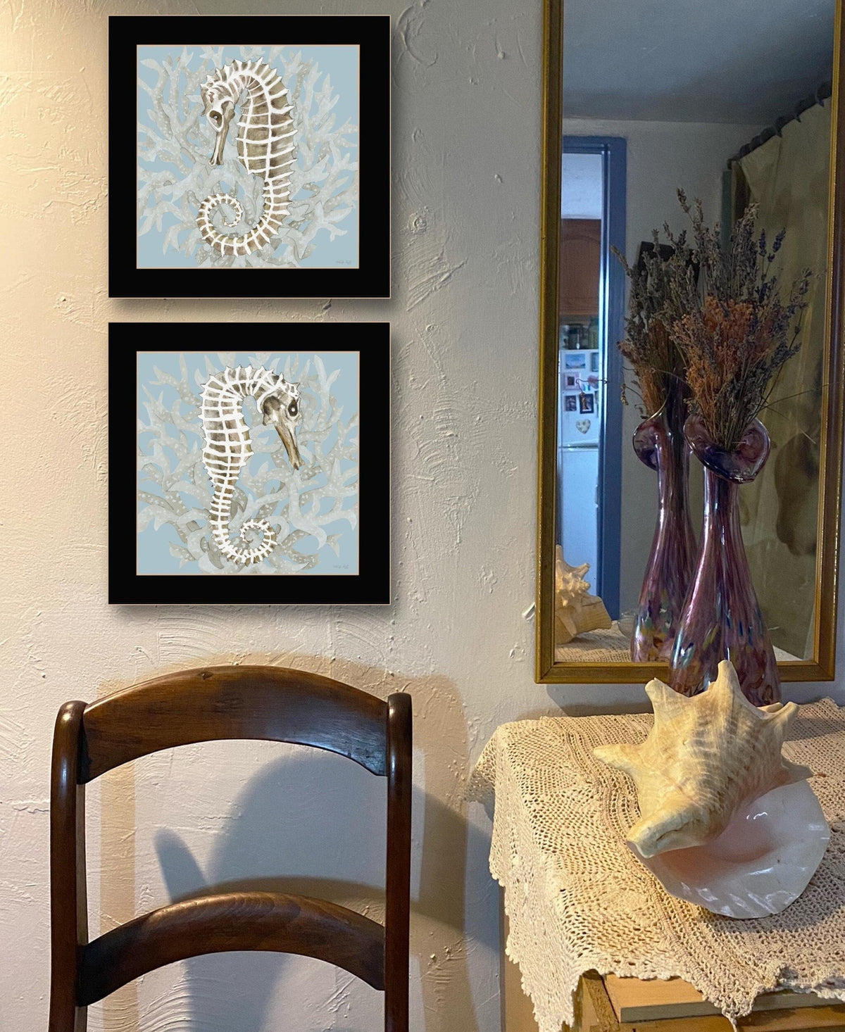 Set Of Two Coral Seahorse Black Framed Print Wall Art W2B
