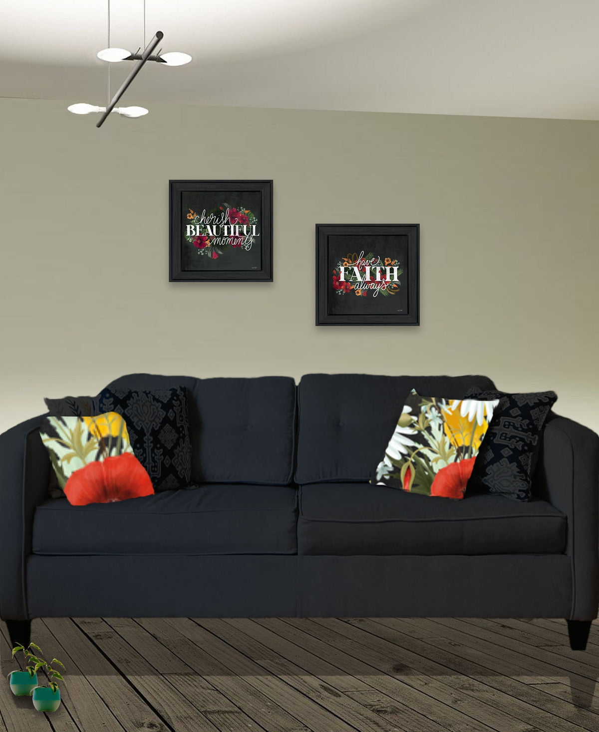 Set Of Two Cherish and Have Faith 1 Black Framed Print Wall Art W2B