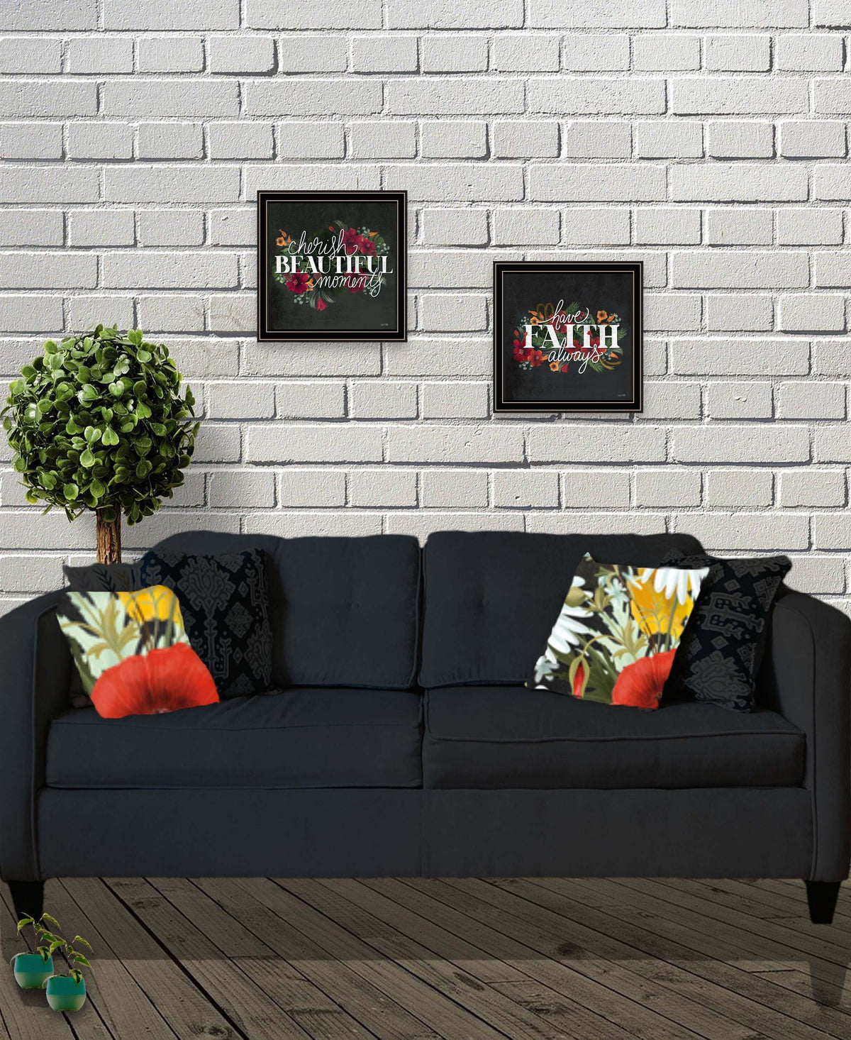 Set Of Two Cherish and Have Faith 2 Black Framed Print Wall Art W2B