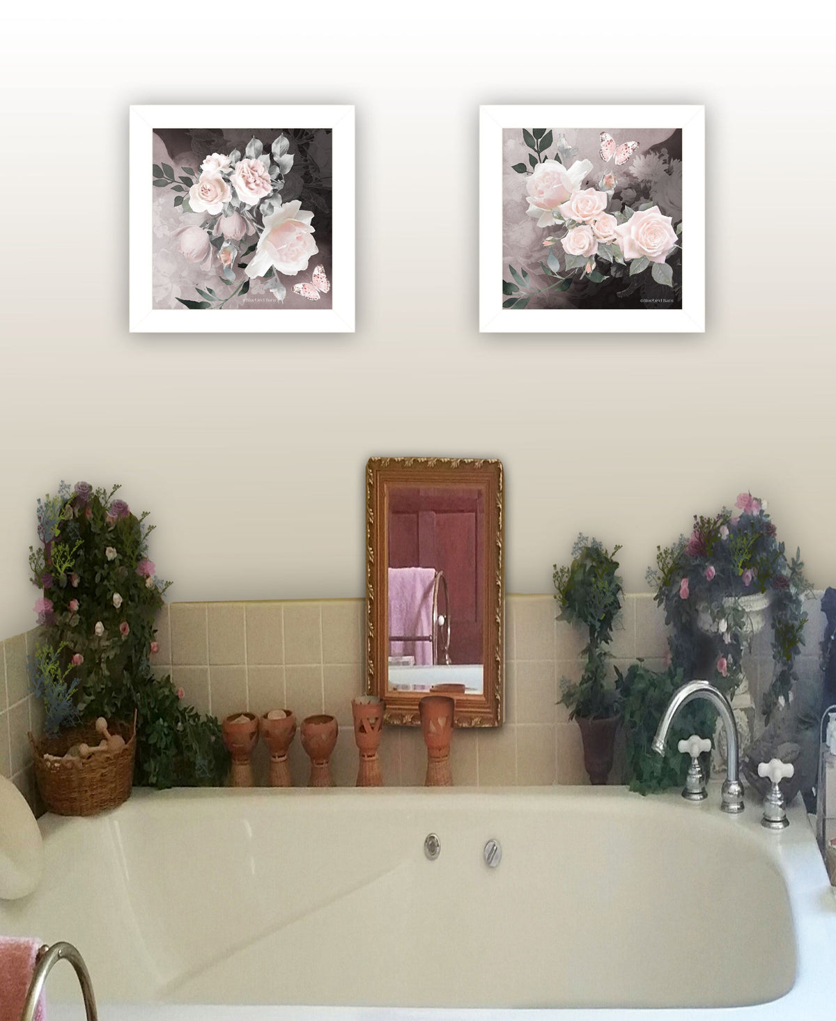 Set Of Two Noir Roses 5 White Framed Print Wall Art W2B