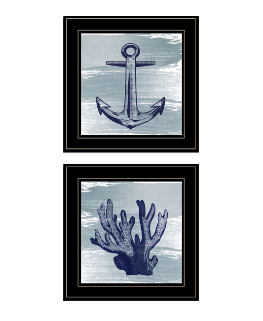 Set Of Two The Beach Coastal 2 Black Framed Print Wall Art W2B