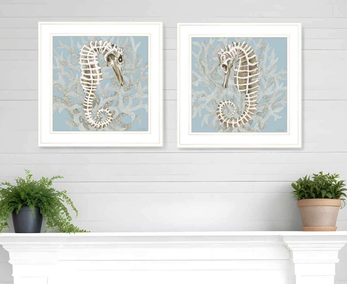 Set Of Two Coral Seahorse White Framed Print Wall Art W2B