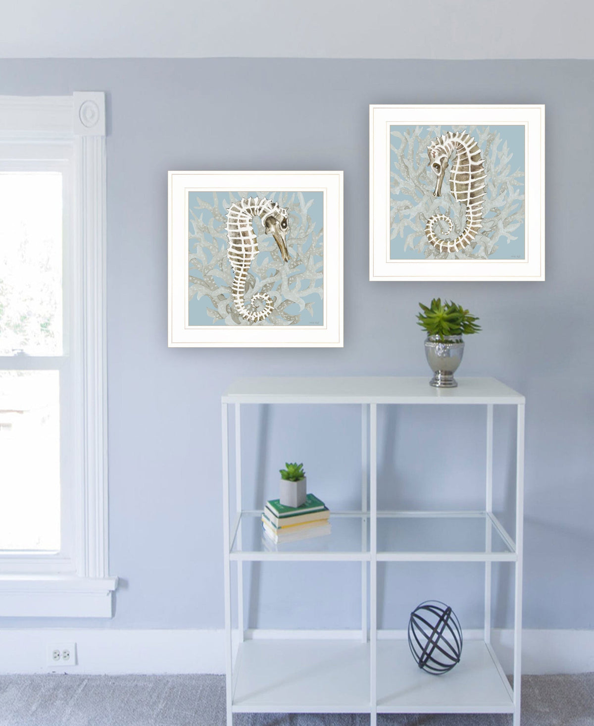 Set Of Two Coral Seahorse White Framed Print Wall Art W2B