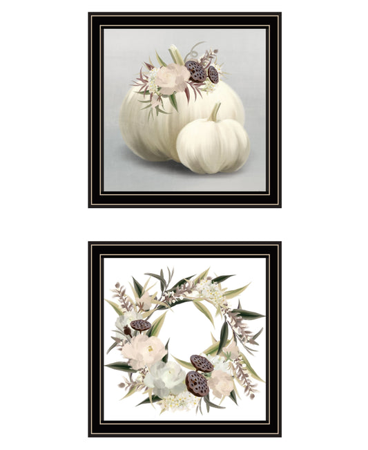 Set Of Two BOHO Pumpkins and Flowers 1 Black Framed Print Wall Art W2B