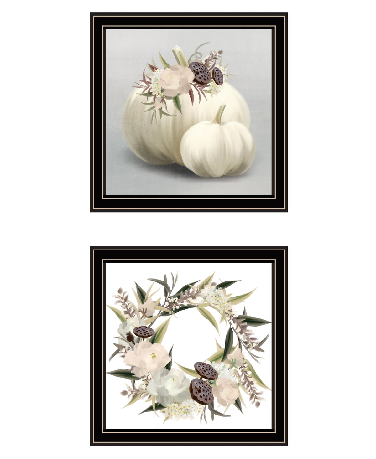Set Of Two BOHO Pumpkins and Flowers 1 Black Framed Print Wall Art W2B