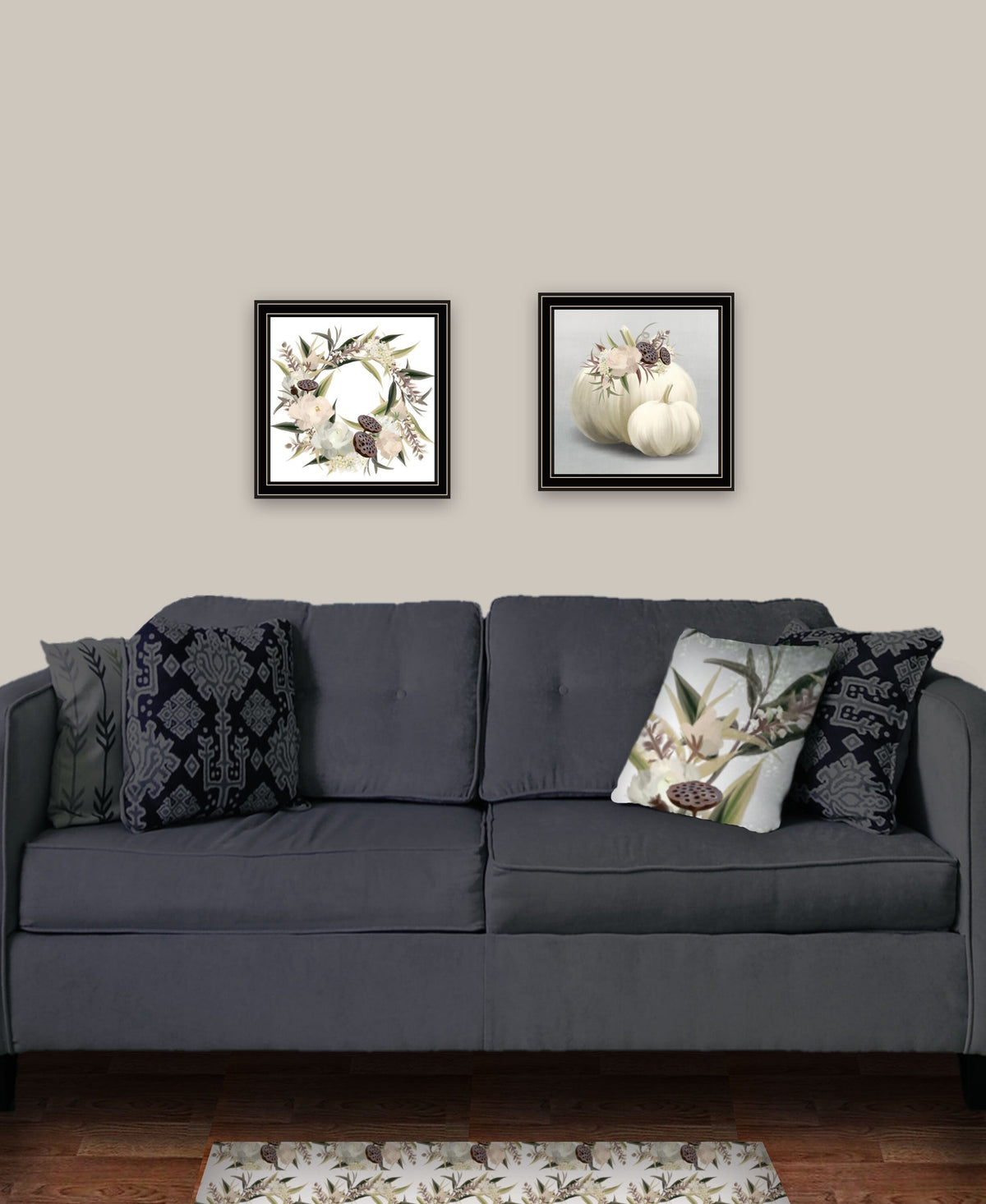 Set Of Two BOHO Pumpkins and Flowers 1 Black Framed Print Wall Art W2B