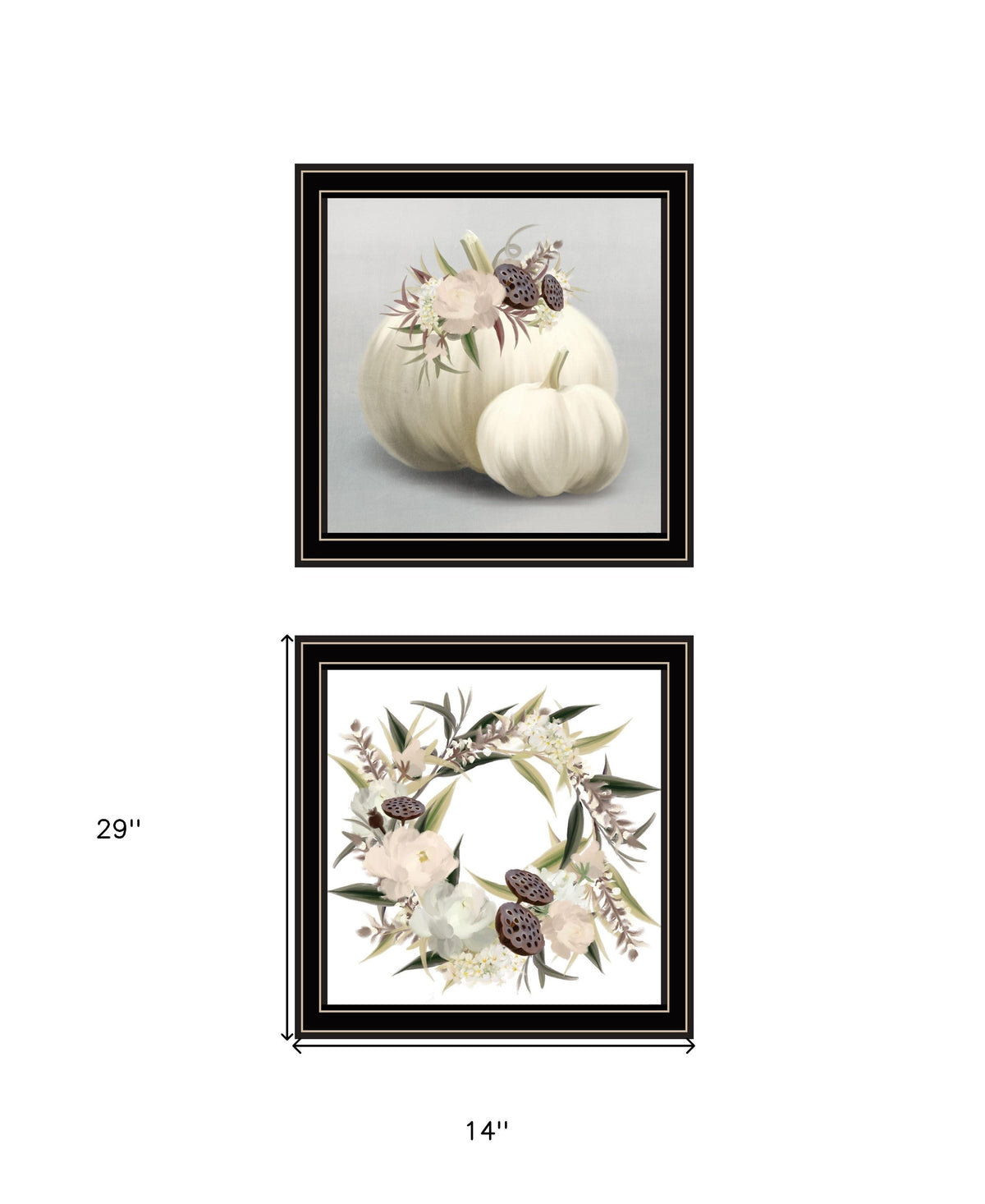 Set Of Two BOHO Pumpkins and Flowers 1 Black Framed Print Wall Art W2B