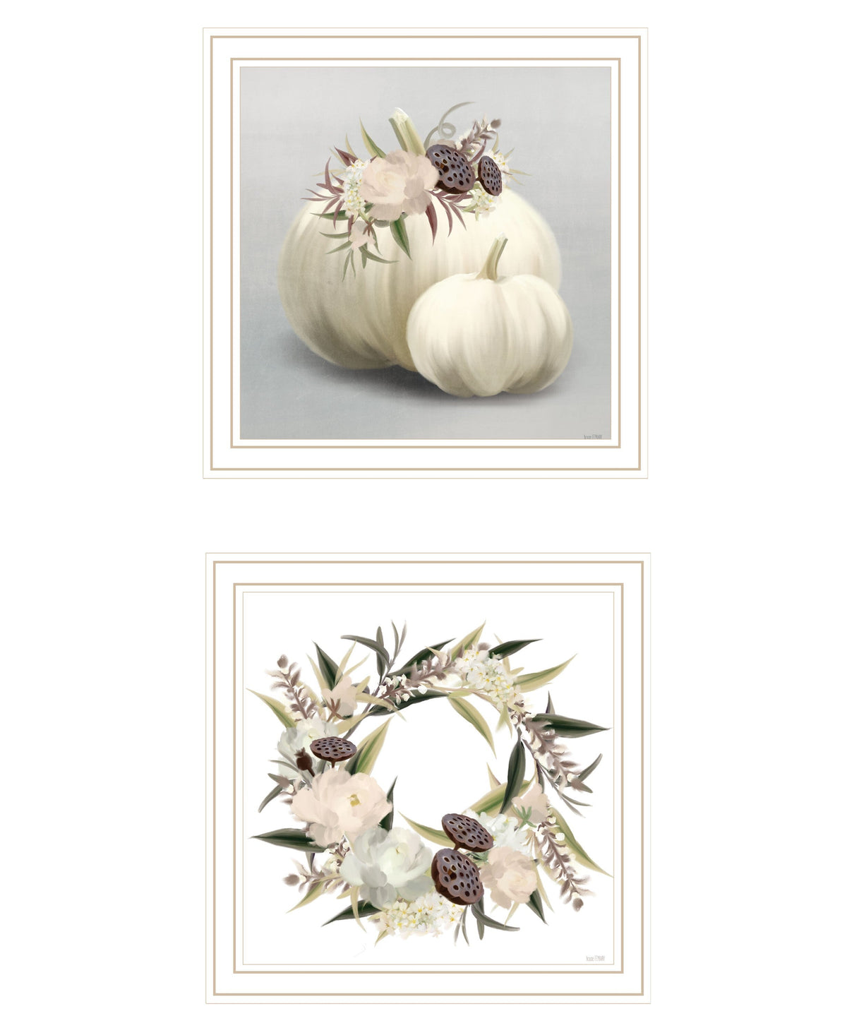 Set Of Two BOHO Pumpkins and Flowers 2 White Framed Print Wall Art W2B