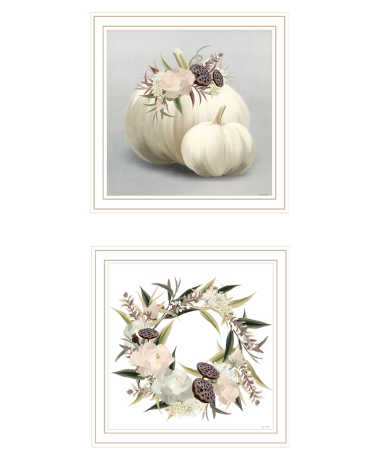 Set Of Two BOHO Pumpkins and Flowers 2 White Framed Print Wall Art W2B