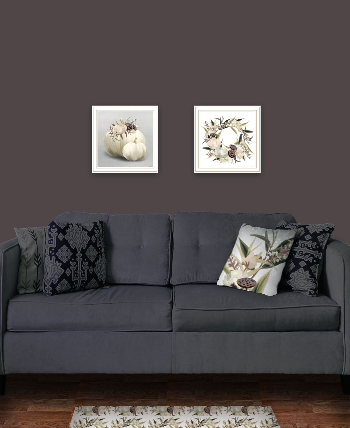 Set Of Two BOHO Pumpkins and Flowers 2 White Framed Print Wall Art W2B