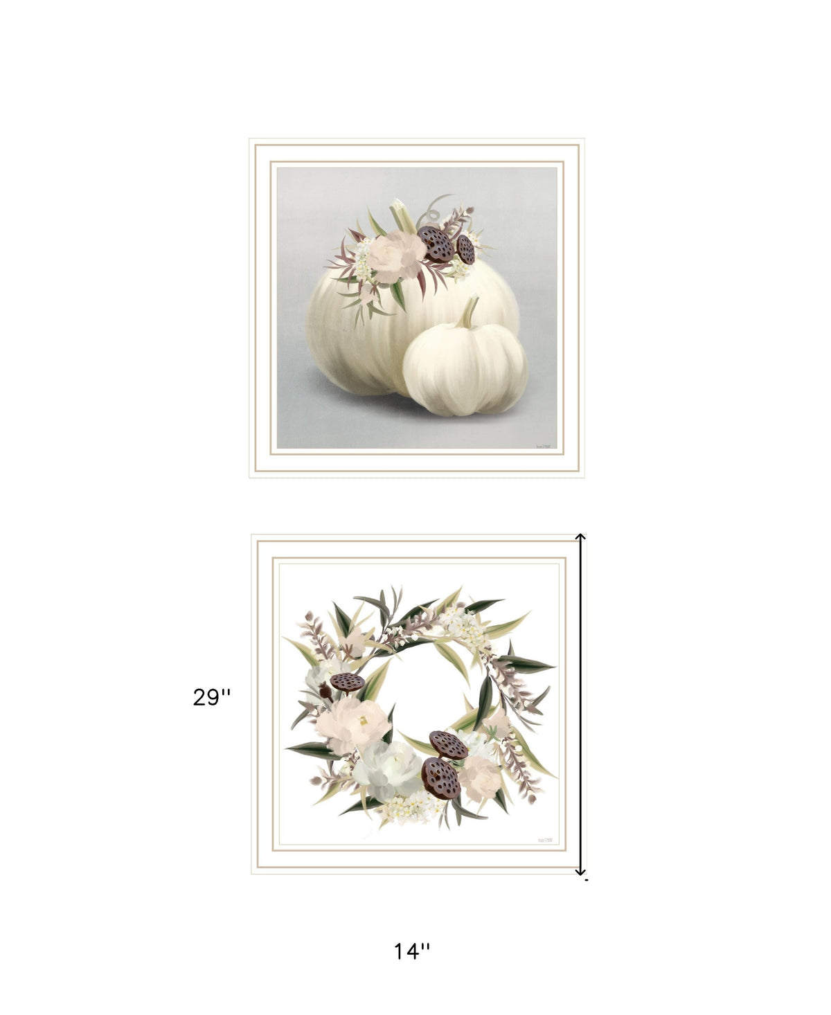 Set Of Two BOHO Pumpkins and Flowers 2 White Framed Print Wall Art W2B