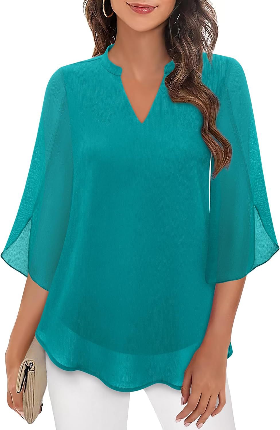 Women's Petal Sleeve Top Loose V-neck Chiffon Shirt LadyShow.Store